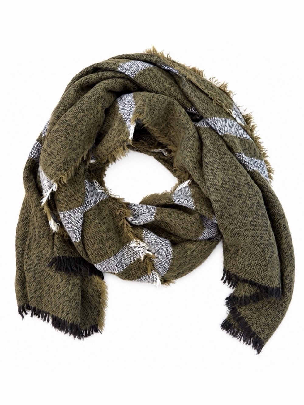 ZARA Oversized Blanket Scarf Olive Green Gray Striped Plaid Fringe Wrap